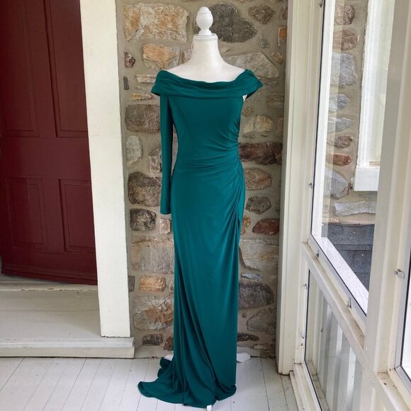 NWT Mac Duggal Ieena RUCHED JERSEY DROP One SHOULDER FOLDOVER Long Fitted Gown - Picture 4 of 7